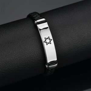 ForeverWill Star of David Jewish Bracelet Religious Jerusalem Mogen David Star Leather Bracelet Women Men Judaica Hebrew Israel Faith Hanukkah Wristband Israeli Amulet Jewelry, 8.26 Inch,Black