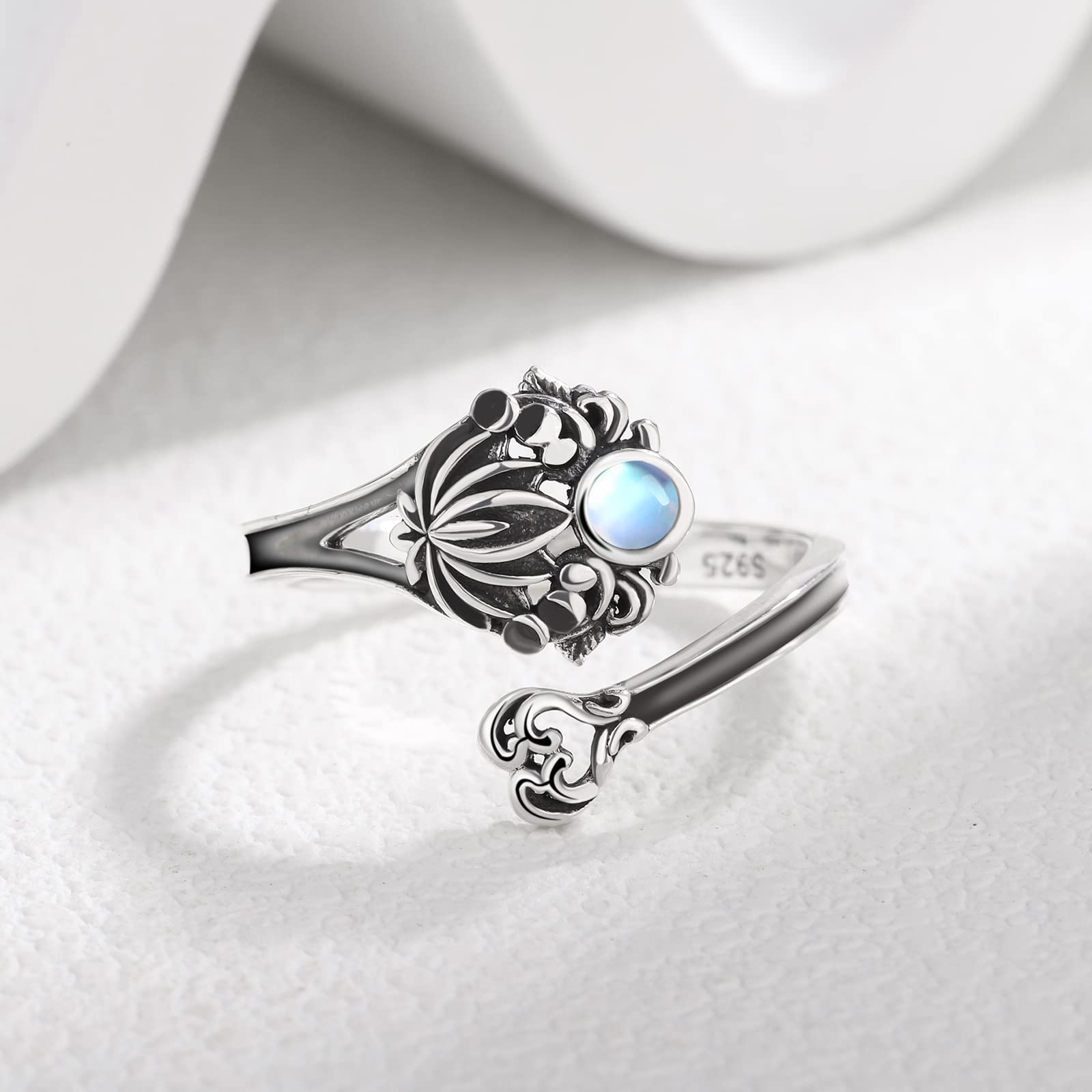 S925 Sterling Silver Spoon Ring for Women - Cross Turquoise Lotus Moonstone Style Spoon Rings Adjustable - Antique Wrap Thumb Ring Open Size 6-11 (Lotus Moonstone Style)