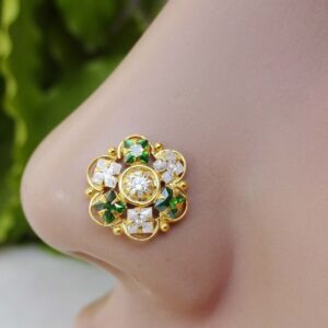 Gold Nose Piercing Indian Nose Stud Big Nose stud Gold Nose Stud Crock Screw Nose Stud Medusa Piercing Gift for her 16g Nose Stud Indian Nose Ring, Green,White