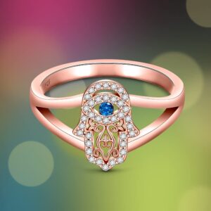 Evil Eye Hamsa Ring Hand of Fatima Rings for Women 925 Sterling Silver Protection Good Luck Spiritual Rose Gold Plated Blue Third Eye Jewelry Dainty Christmas Gifts Size 7