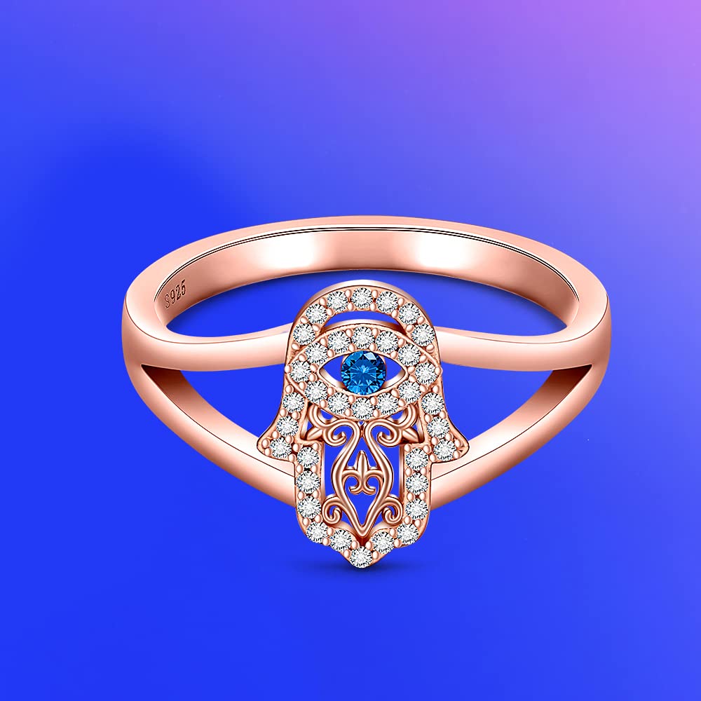 Evil Eye Hamsa Ring Hand of Fatima Rings for Women 925 Sterling Silver Protection Good Luck Spiritual Rose Gold Plated Blue Third Eye Jewelry Dainty Christmas Gifts Size 7