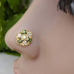 Gold Nose Piercing Indian Nose Stud Big Nose stud Gold Nose Stud Crock Screw Nose Stud Medusa Piercing Gift for her 16g Nose Stud Indian Nose Ring, Green,White