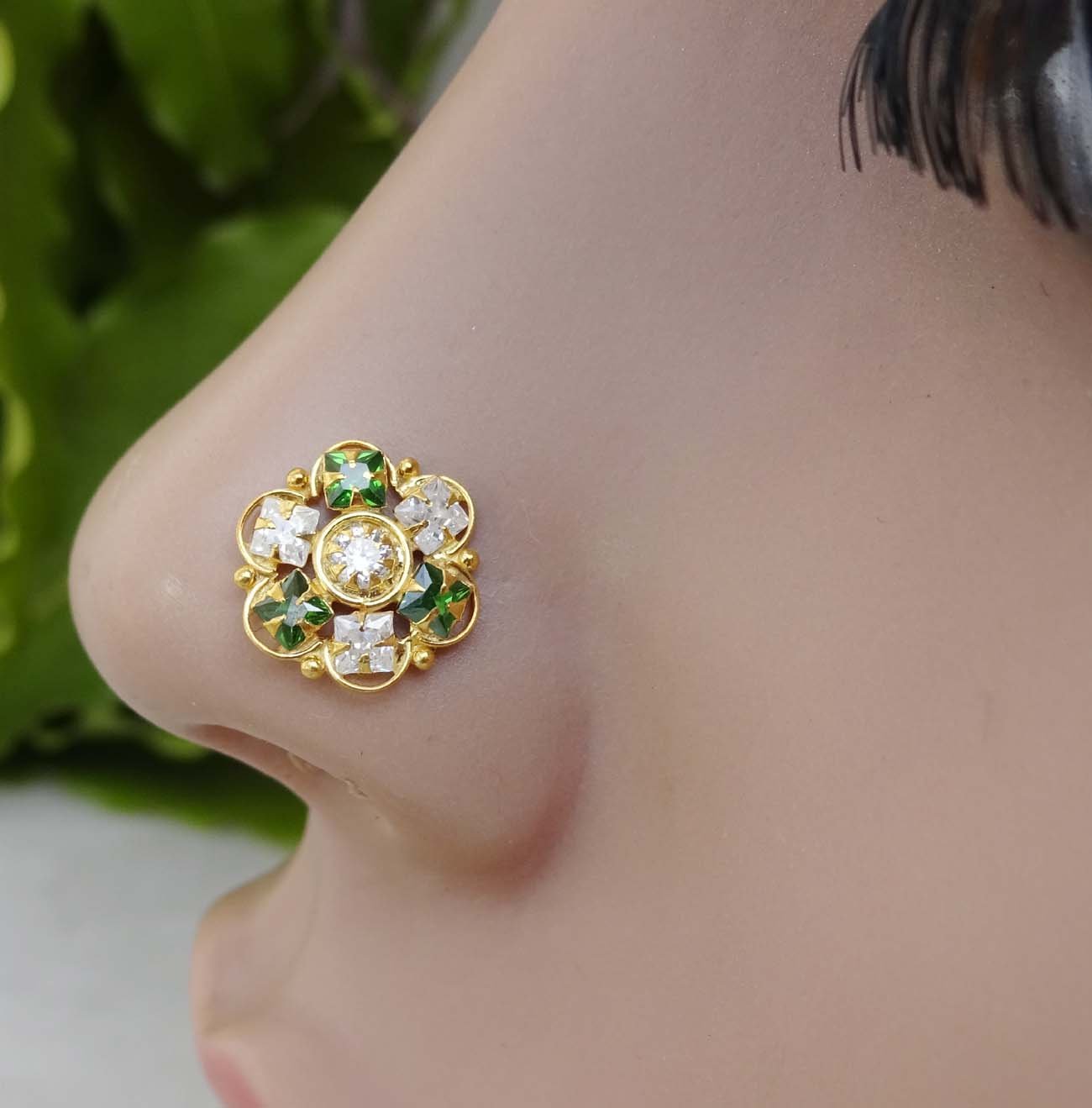 Gold Nose Piercing Indian Nose Stud Big Nose stud Gold Nose Stud Crock Screw Nose Stud Medusa Piercing Gift for her 16g Nose Stud Indian Nose Ring, Green,White