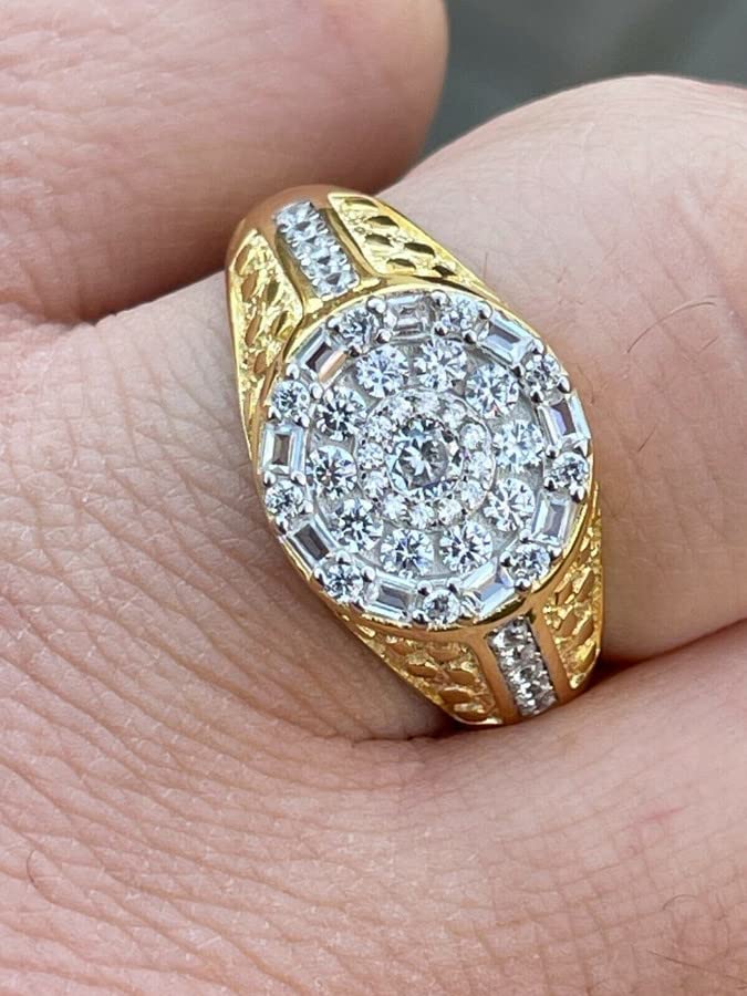 Iced CZ Nugget Ring - Men's 14k Gold Over Real 925 Sterling Silver Ring - Micropave Baguette Ring - Pinky Or Any Other Finger Ring (11)