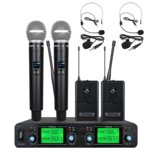 Wireless Microphone System UHF 4 Channel 2 Handheld Whole Mic 2 Lavavier Lapel Mic Bodypack 2 Headset LCD Display Frequency A Karaoke for School Party Wedding Church Conference Speech DJ Singing