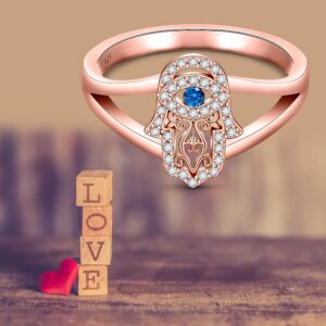 Evil Eye Hamsa Ring Hand of Fatima Rings for Women 925 Sterling Silver Protection Good Luck Spiritual Rose Gold Plated Blue Third Eye Jewelry Dainty Christmas Gifts Size 7