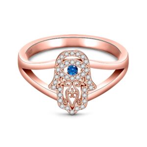 Evil Eye Hamsa Ring Hand of Fatima Rings for Women 925 Sterling Silver Protection Good Luck Spiritual Rose Gold Plated Blue Third Eye Jewelry Dainty Christmas Gifts Size 7