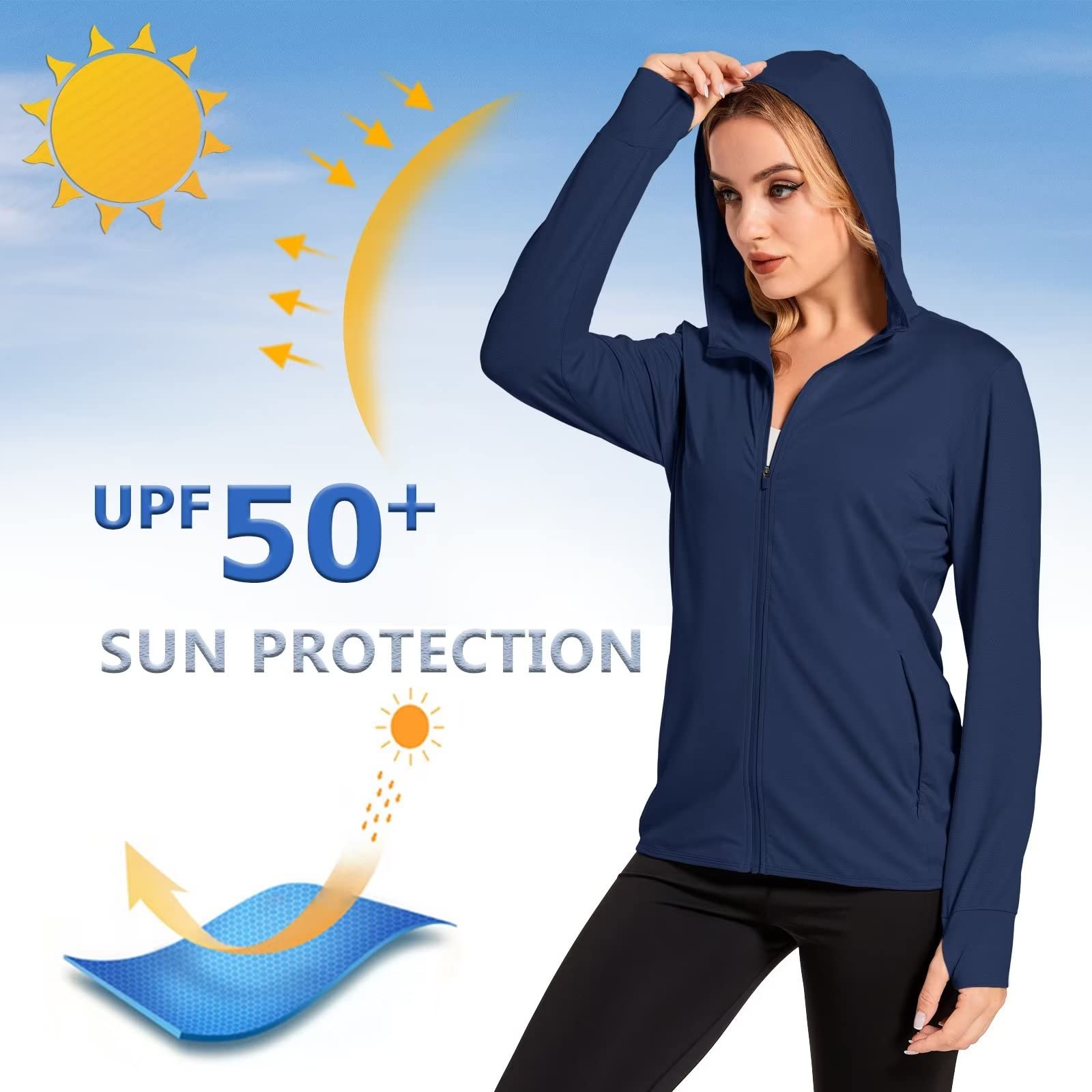 KEFITEVD UPF Shirt Women Long Sleeve UPF 50+ Sun Protection Hoodie Jacket Outdoor Workout Tops for Women Hooded Fishing Shirt Dry Fit Shirts Women Navy