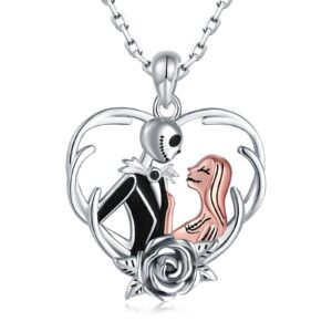 JZSANTI 925-Sterling-Silver Nightmare Necklace Gifts for Women - Jack And Sally Skull Rose Flower Heart Pendant Skellington Jewelry Nightmare Necklace Before Christmas Gifts for Wife Her