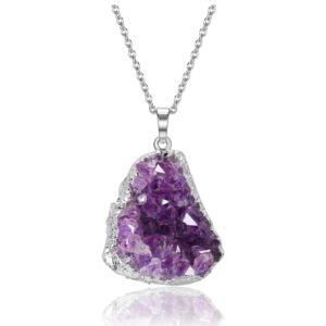 Top Plaza Raw Amethyst Healing Crystal Stone Necklaces for Women Men Irregular Mini Amethyst Cluster Druzy Pendant Necklaces Natural Amethyst Gemstone Necklaces Quartz Jewelry - Silver