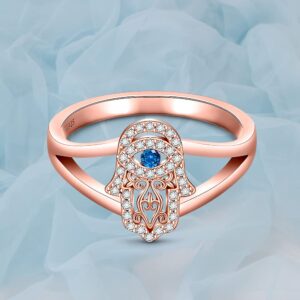 Evil Eye Hamsa Ring Hand of Fatima Rings for Women 925 Sterling Silver Protection Good Luck Spiritual Rose Gold Plated Blue Third Eye Jewelry Dainty Christmas Gifts Size 7