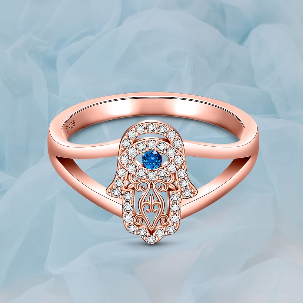 Evil Eye Hamsa Ring Hand of Fatima Rings for Women 925 Sterling Silver Protection Good Luck Spiritual Rose Gold Plated Blue Third Eye Jewelry Dainty Christmas Gifts Size 7