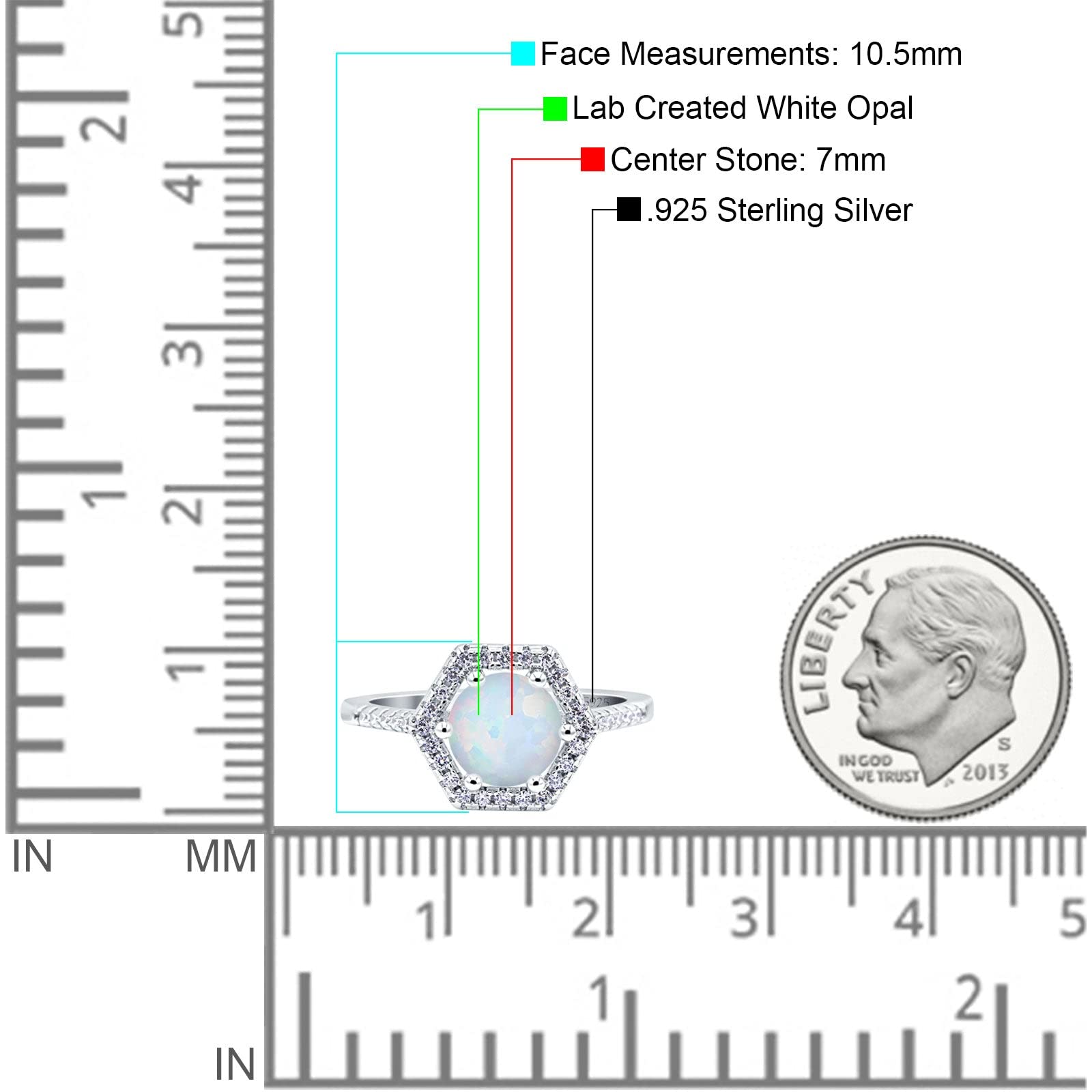 Blue Apple Co. Lab Created White Opal Size-6 Art Deco Hexagon Wedding Bridal Ring Round CZ 925 Sterling Silver