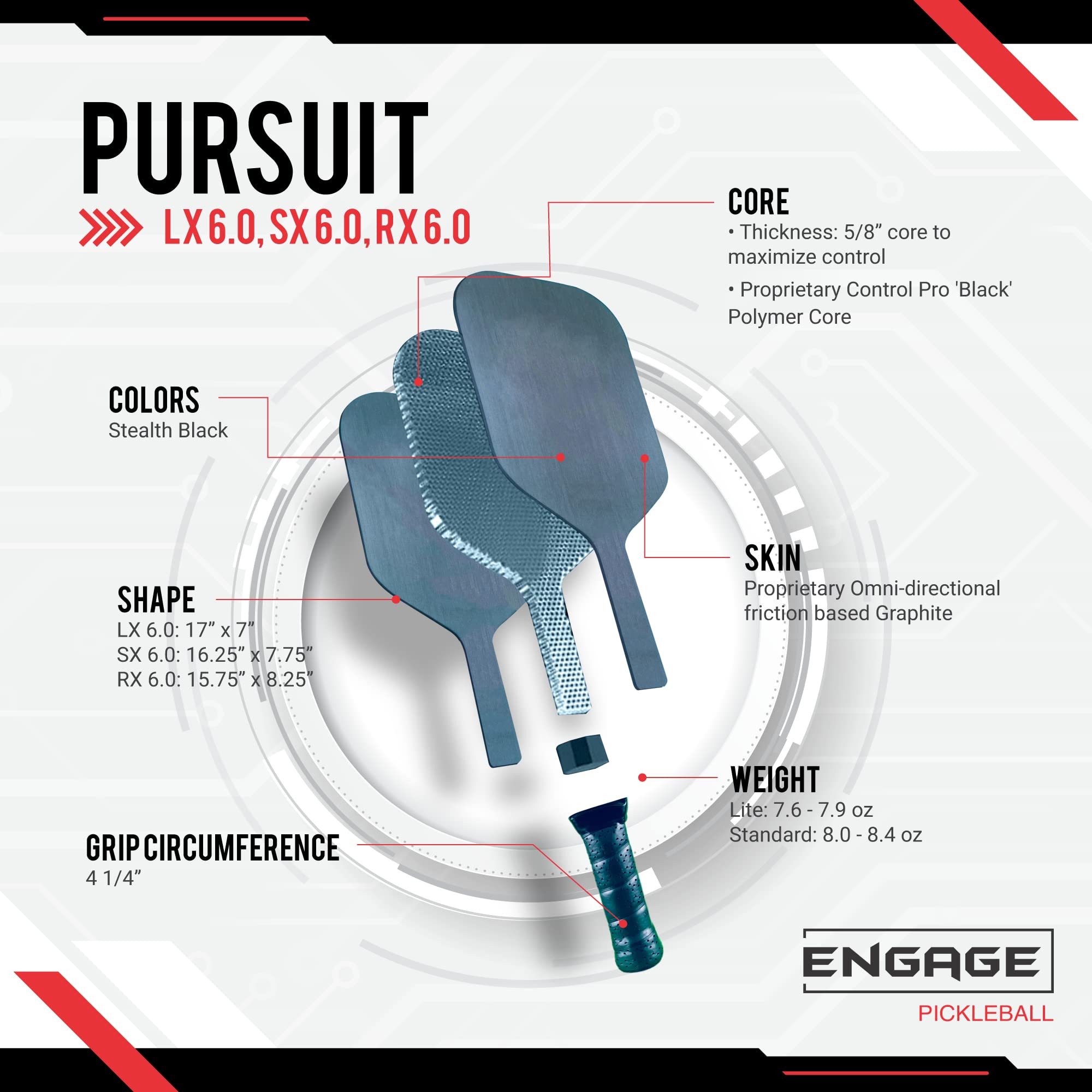 Engage Pickleball Pursuit LX Pickleball Paddle - Graphite Pickleball Paddle with Black Core - USAPA Approved - Made in USA (5/8" for Control (6.0), 6.0 Standard (8.0-8.4oz))