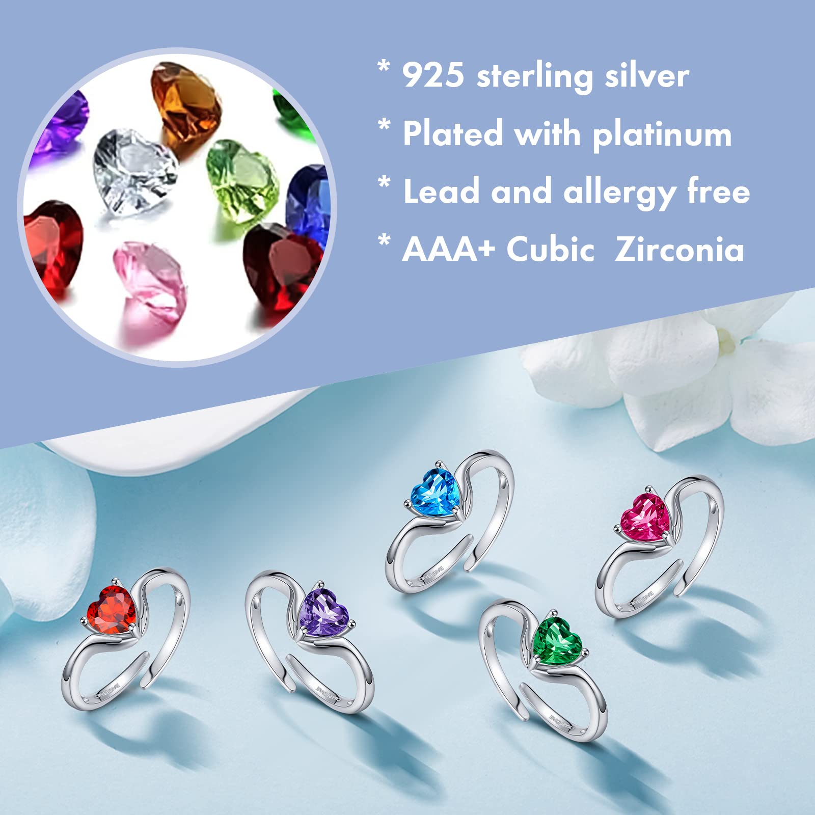 ANNA QUEEN Mother's Day 925 Sterling Silver Hug Birthstone Rings for Women Adjustable Open Promise Statement Ring for Couple Mom Wife Girlfriends