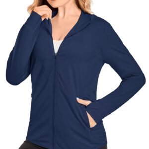 KEFITEVD UPF Shirt Women Long Sleeve UPF 50+ Sun Protection Hoodie Jacket Outdoor Workout Tops for Women Hooded Fishing Shirt Dry Fit Shirts Women Navy