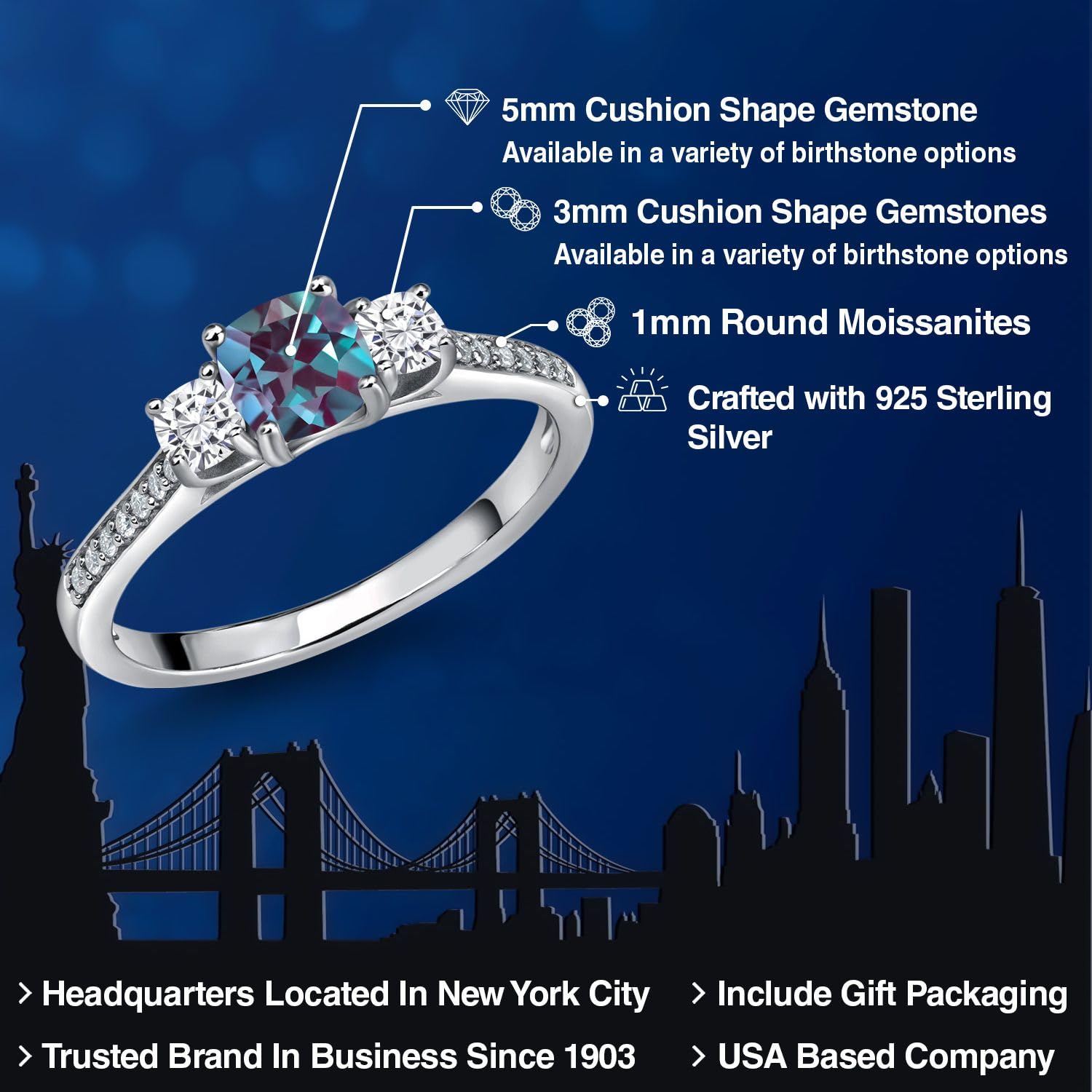 Gem Stone King 925 Sterling Silver Customized and Personalized 5MM and 3MM Cushion Cut Gemstone Birthstone and White Moissanite 3 Stone Name Engraved Engagement Ring For Women (Size 6)