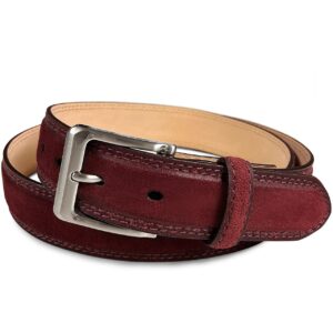 Classic Nickel Brushed Buckle Suede Belt Genuine Leather Casual Dress Belt 1-3/8"(35mm) Wide (Burgundy, 38)