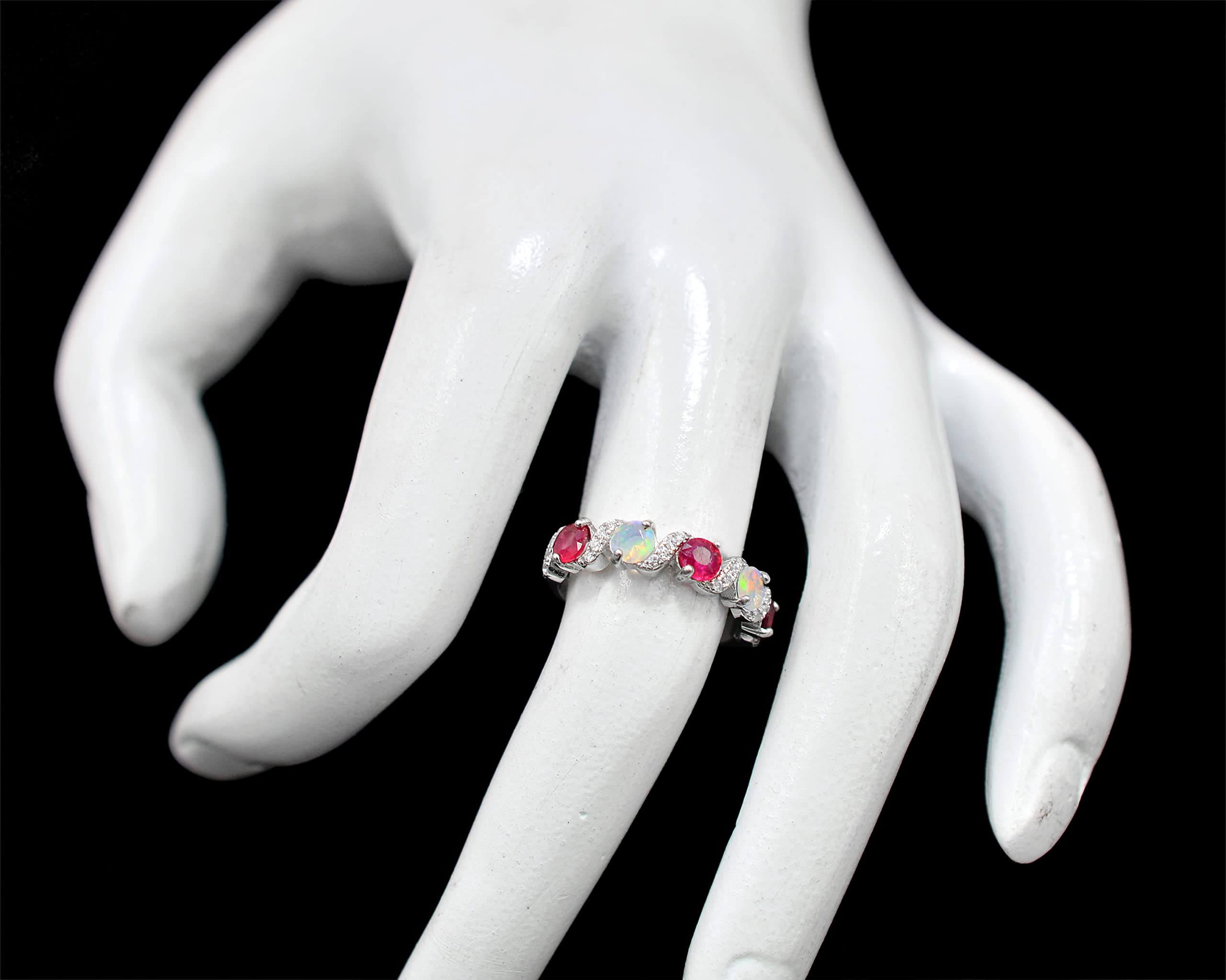 Natural 4 MM Ruby & Ethiopian Cut Opal Gemstone Ring 925 Sterling Silver July Birthstone Cluster Ring Opal Jewelry Birthday Gift For Wife (Sterling Silver, 8.5 US)