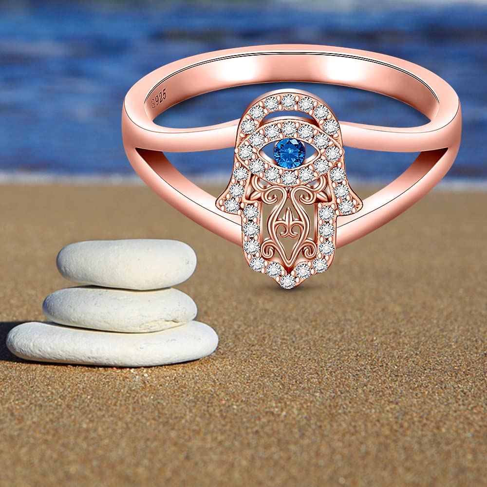 Evil Eye Hamsa Ring Hand of Fatima Rings for Women 925 Sterling Silver Protection Good Luck Spiritual Rose Gold Plated Blue Third Eye Jewelry Dainty Christmas Gifts Size 7