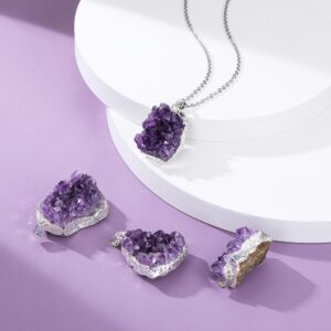 Top Plaza Raw Amethyst Healing Crystal Stone Necklaces for Women Men Irregular Mini Amethyst Cluster Druzy Pendant Necklaces Natural Amethyst Gemstone Necklaces Quartz Jewelry - Silver