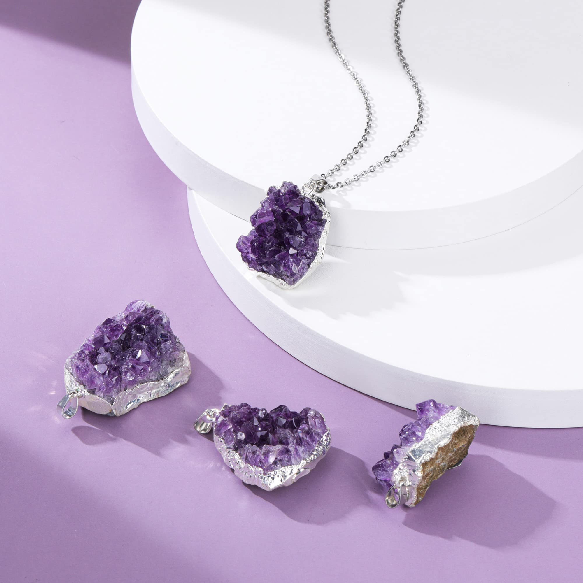 Top Plaza Raw Amethyst Healing Crystal Stone Necklaces for Women Men Irregular Mini Amethyst Cluster Druzy Pendant Necklaces Natural Amethyst Gemstone Necklaces Quartz Jewelry - Silver