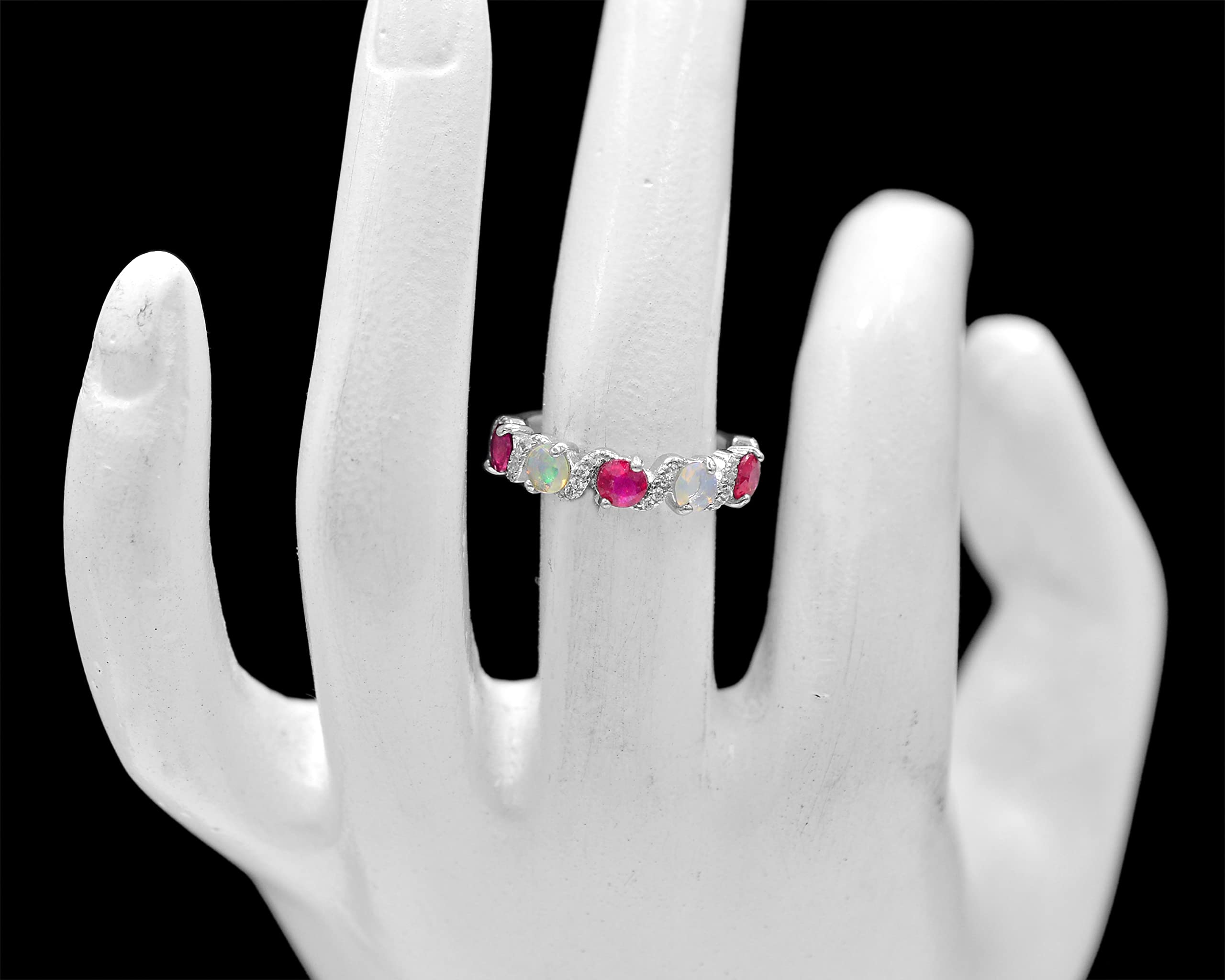 Natural 4 MM Ruby & Ethiopian Cut Opal Gemstone Ring 925 Sterling Silver July Birthstone Cluster Ring Opal Jewelry Birthday Gift For Wife (Sterling Silver, 8.5 US)