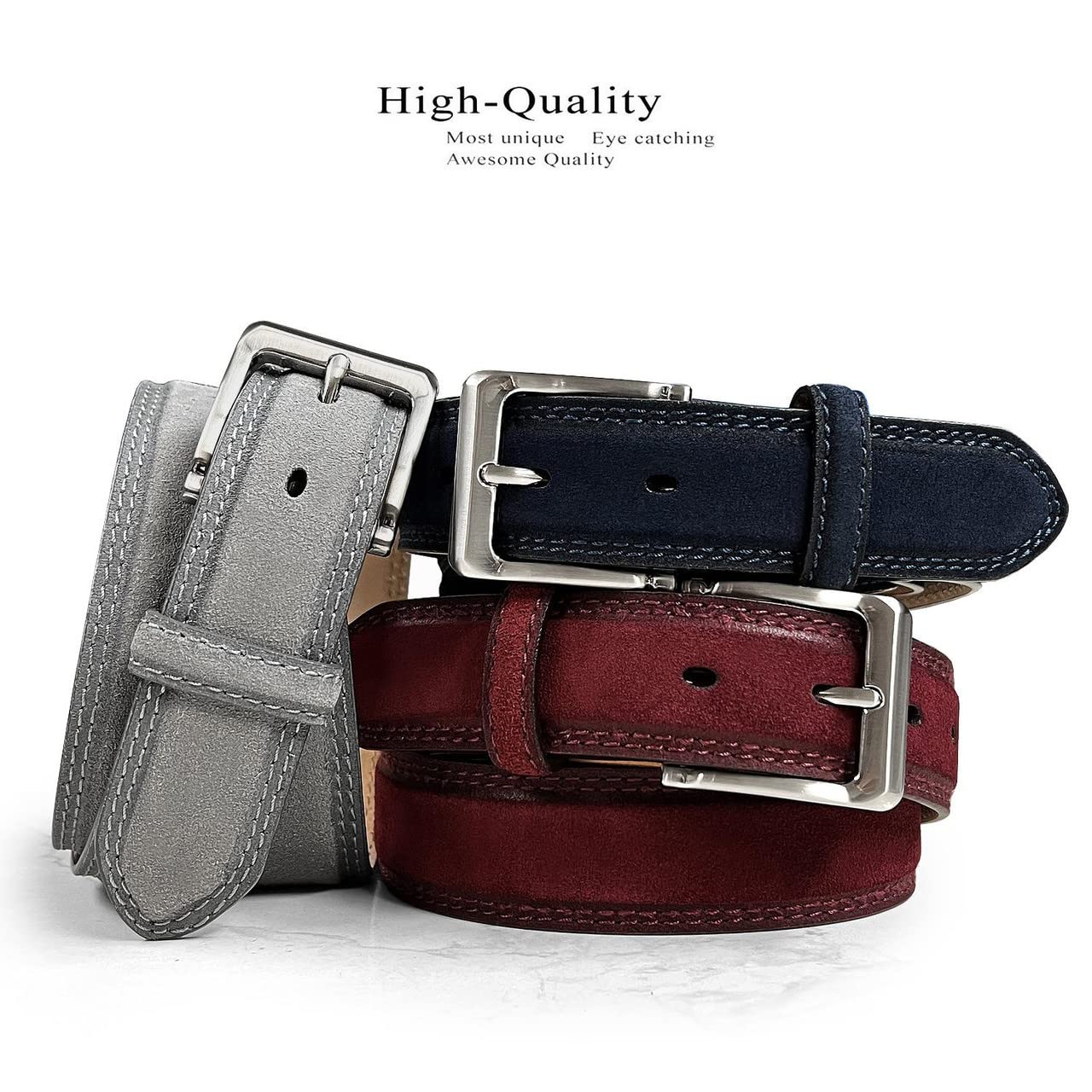 Classic Nickel Brushed Buckle Suede Belt Genuine Leather Casual Dress Belt 1-3/8"(35mm) Wide (Burgundy, 38)