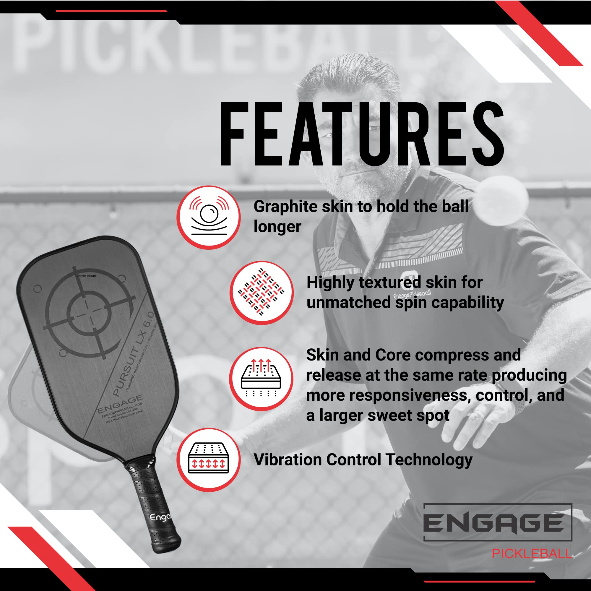 Engage Pickleball Pursuit LX Pickleball Paddle - Graphite Pickleball Paddle with Black Core - USAPA Approved - Made in USA (5/8" for Control (6.0), 6.0 Standard (8.0-8.4oz))