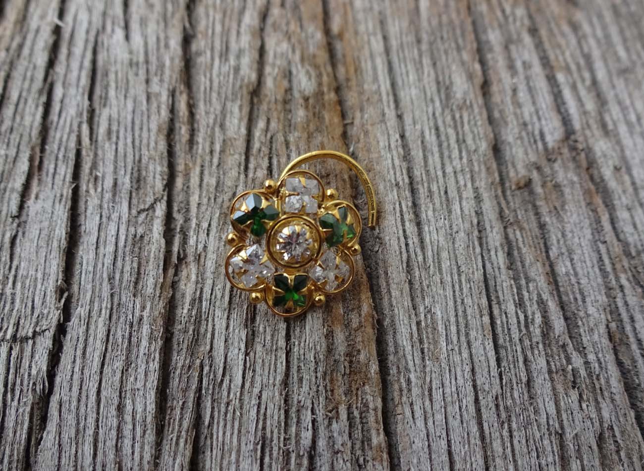 Gold Nose Piercing Indian Nose Stud Big Nose stud Gold Nose Stud Crock Screw Nose Stud Medusa Piercing Gift for her 16g Nose Stud Indian Nose Ring, Green,White