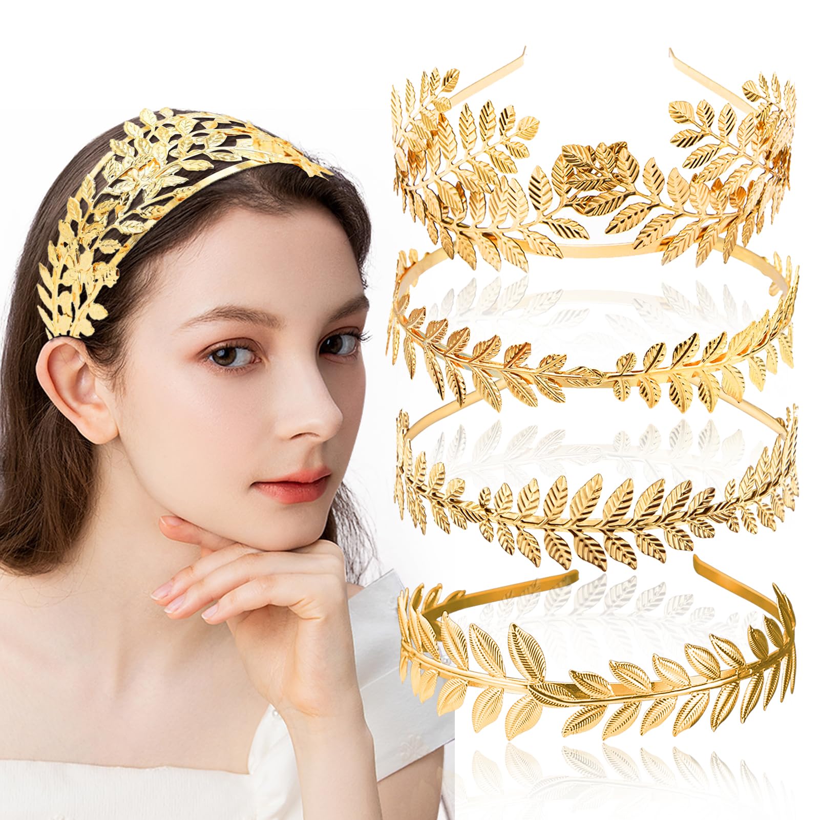 INLAZTIM 5 PCS Greek Goddess Leaf Headband for Bride, Golden Roman Laurel Leaf Branch Crown Bridal Headpiece Wedding Hairband for Women Tiara Costume Hair Accessories