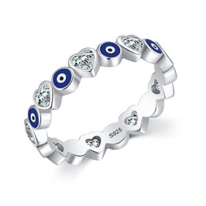 kifuteng evil eye ring, 925 sterling silver zirconia heart blue evil eye ring band for women lucky statement jewelry gifts size 5-10 (silver, 7)