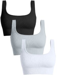 oqq women's 3 piece medium support tank top ribbed seamless removable cups workout exercise sport bra black grey white