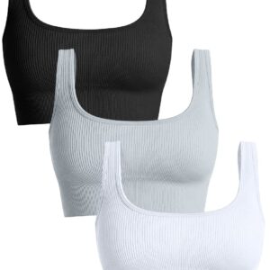 OQQ Women's 3 Piece Medium Support Tank Top Ribbed Seamless Removable Cups Workout Exercise Sport Bra Black Grey White