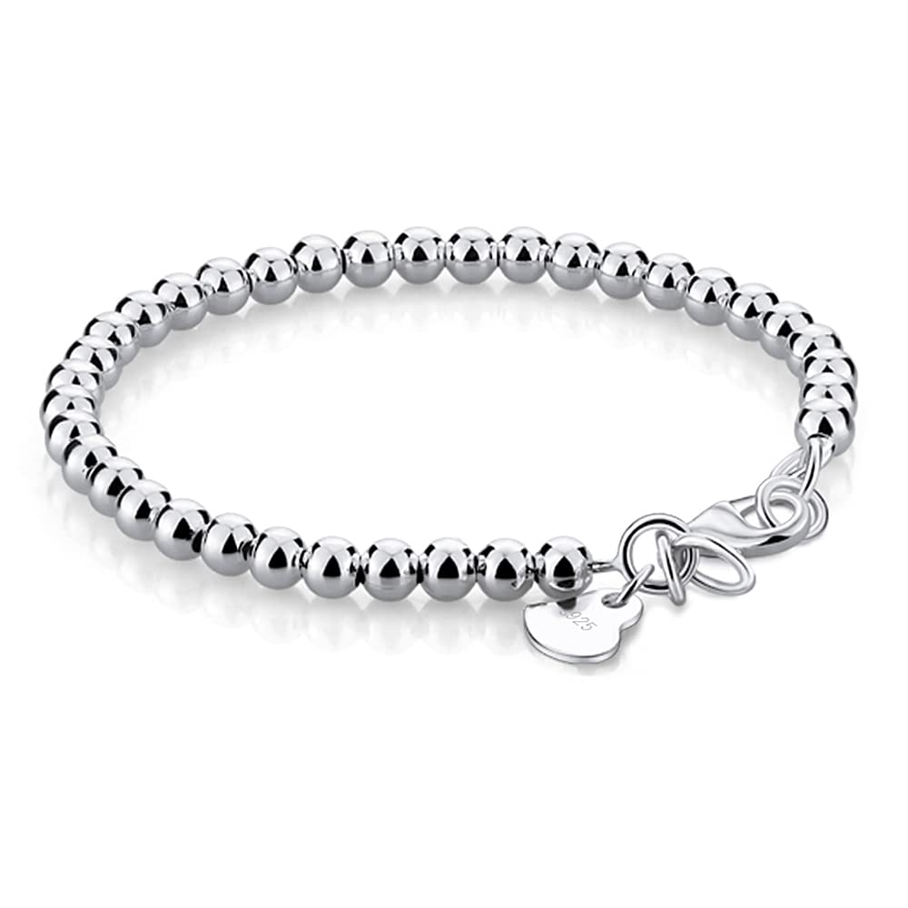 Meilanduo 925 Sterling Silver Women's 4MM-6MM Italian Bead Ball Chain Bracelet, Handmade Bead Italian Bracelet, Lobster Claw Clasp - Sizes 5.1" to 8.3" Inch - (Silver-Tone, 4mm 7.5")