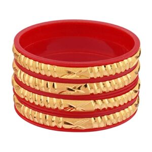 Efulgenz Traditional Bridal Red Acrylic Indian Wedding Bangles Gold Tone Engraved Glossy Bracelet Bangle Jewelry for Women (4 Pcs) Size 2.8