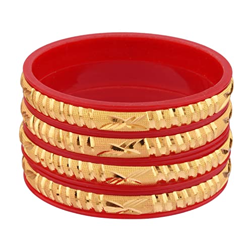 Efulgenz Traditional Bridal Red Acrylic Indian Wedding Bangles Gold Tone Engraved Glossy Bracelet Bangle Jewelry for Women (4 Pcs) Size 2.8