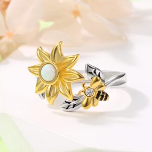 Sunflower Fidget Spin Bee Rings - 925 Sterling Silver Adjustable Open Ring Opal You are My Sunshine Ring Spinner Chrismas Mother's Day Birthday Jewery Gift for Teen Girls Women