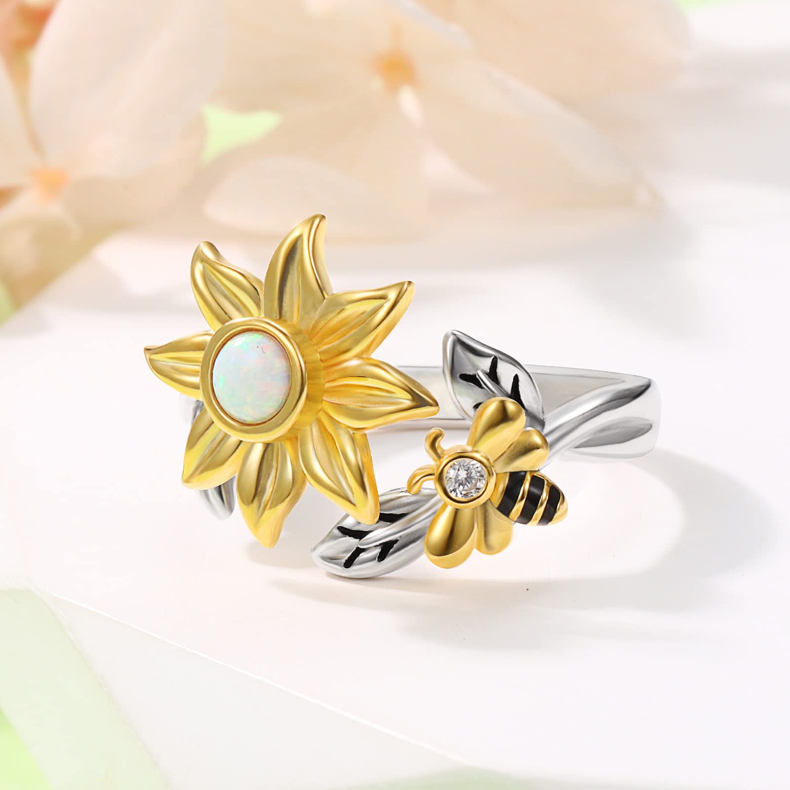 Sunflower Fidget Spin Bee Rings - 925 Sterling Silver Adjustable Open Ring Opal You are My Sunshine Ring Spinner Chrismas Mother's Day Birthday Jewery Gift for Teen Girls Women