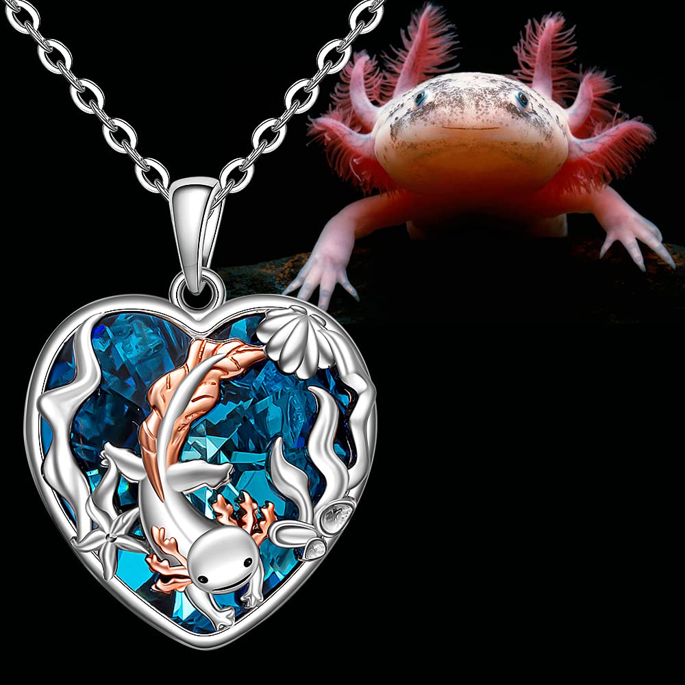 Axolotl Necklace 925 Sterling Silver Axolotl Necklaces for Women Heart Crystal Mexican Animal Axolotls Pendant Lover Gifts