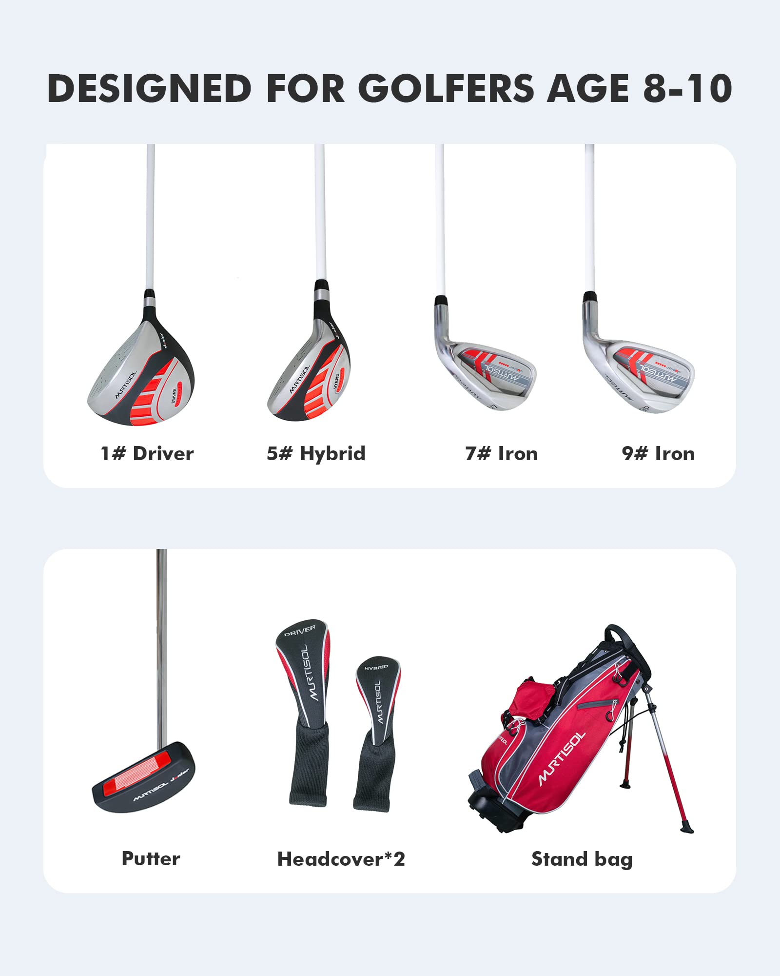 Kids Right Handed Golf Clubs Set 8-10 Years Junior Golf Clubs Full Set 5-Piece Set Putter and Driver Golf Clubs and Sets with Stand Bag - Red