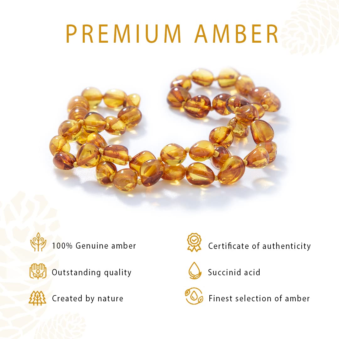 Amber Necklace - 100% Authentic Amber (Rich Honey, 13.5 inches), Certified Amber Necklace with Safety Clasp and Knotted Beads