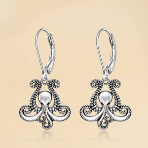 Octopus Earrings 925 Sterling Silver Tentacle Earrings Dangle Lever Back Retro Style Octopus Sea Kraken Nautical Ocean Halloween Gifts