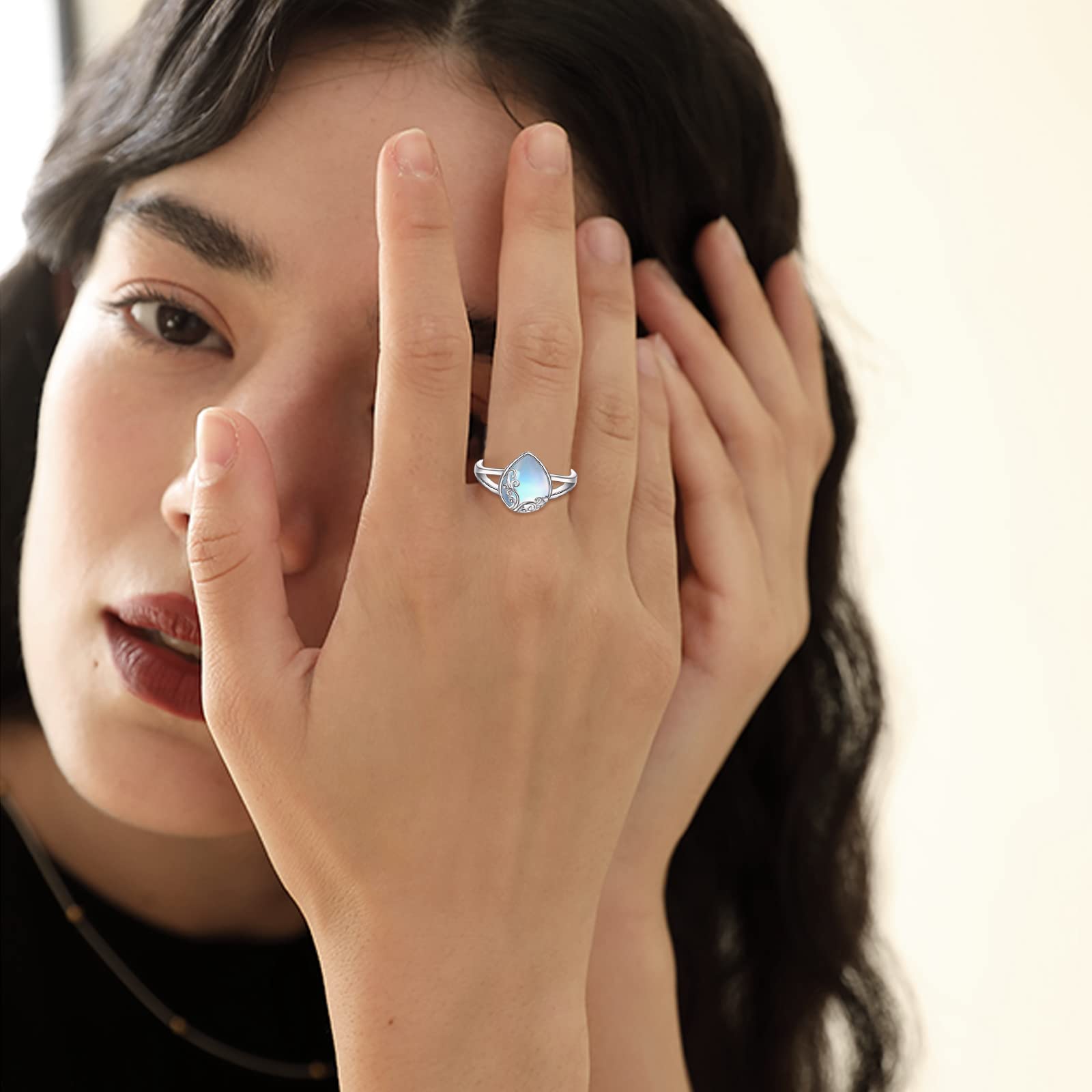 POPLYKE Rainbow Moonstone Filigree Band Ring Sterling Silver Gemstone Moon Stones Jewelry Gift for Women 8 Size