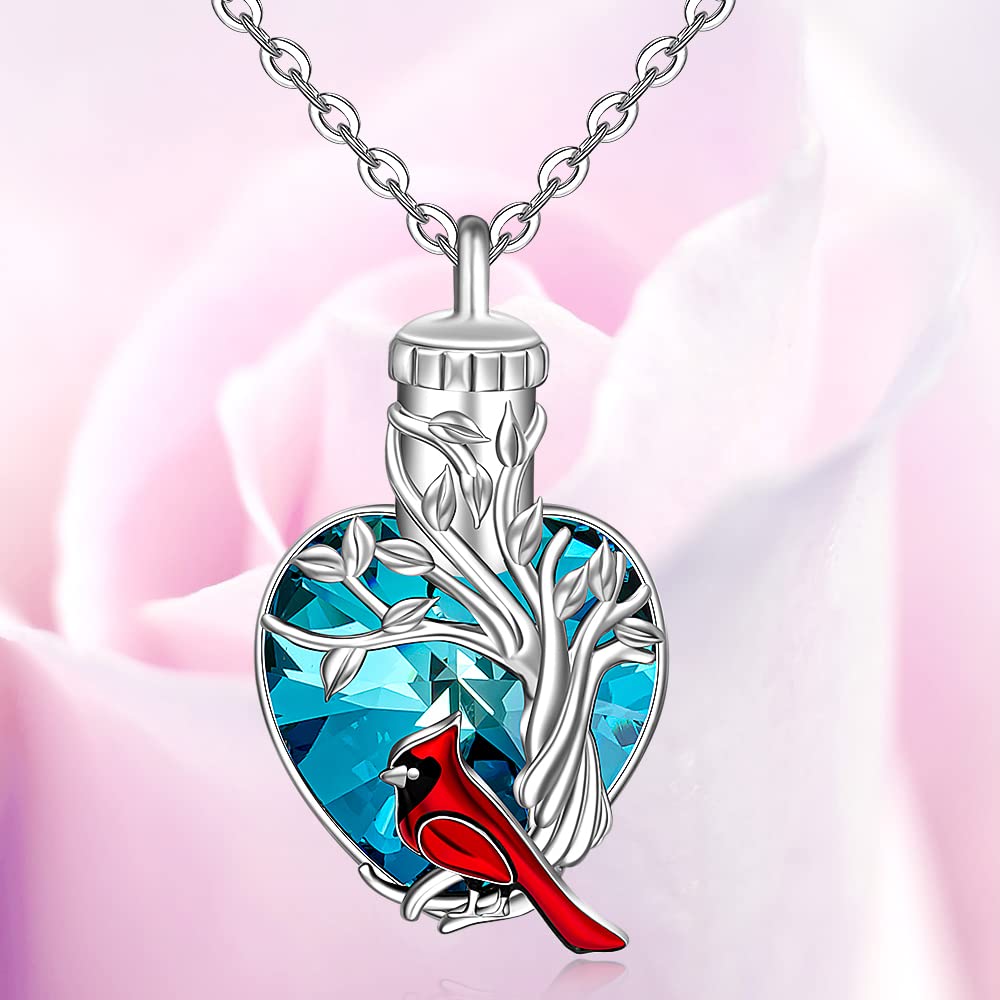 Cardinal Urn Necklace for Ashes for Women Tree of Life Cremation Urn Necklace Sterling Silver Heart Crystal Red Cardinal Memorial Keepsake Jewelry Pendant Christmas Gifts