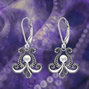 Octopus Earrings 925 Sterling Silver Tentacle Earrings Dangle Lever Back Retro Style Octopus Sea Kraken Nautical Ocean Halloween Gifts