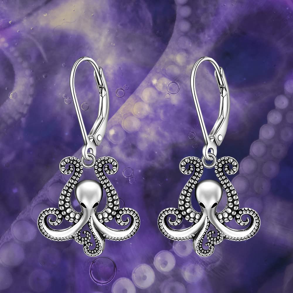 Octopus Earrings 925 Sterling Silver Tentacle Earrings Dangle Lever Back Retro Style Octopus Sea Kraken Nautical Ocean Halloween Gifts