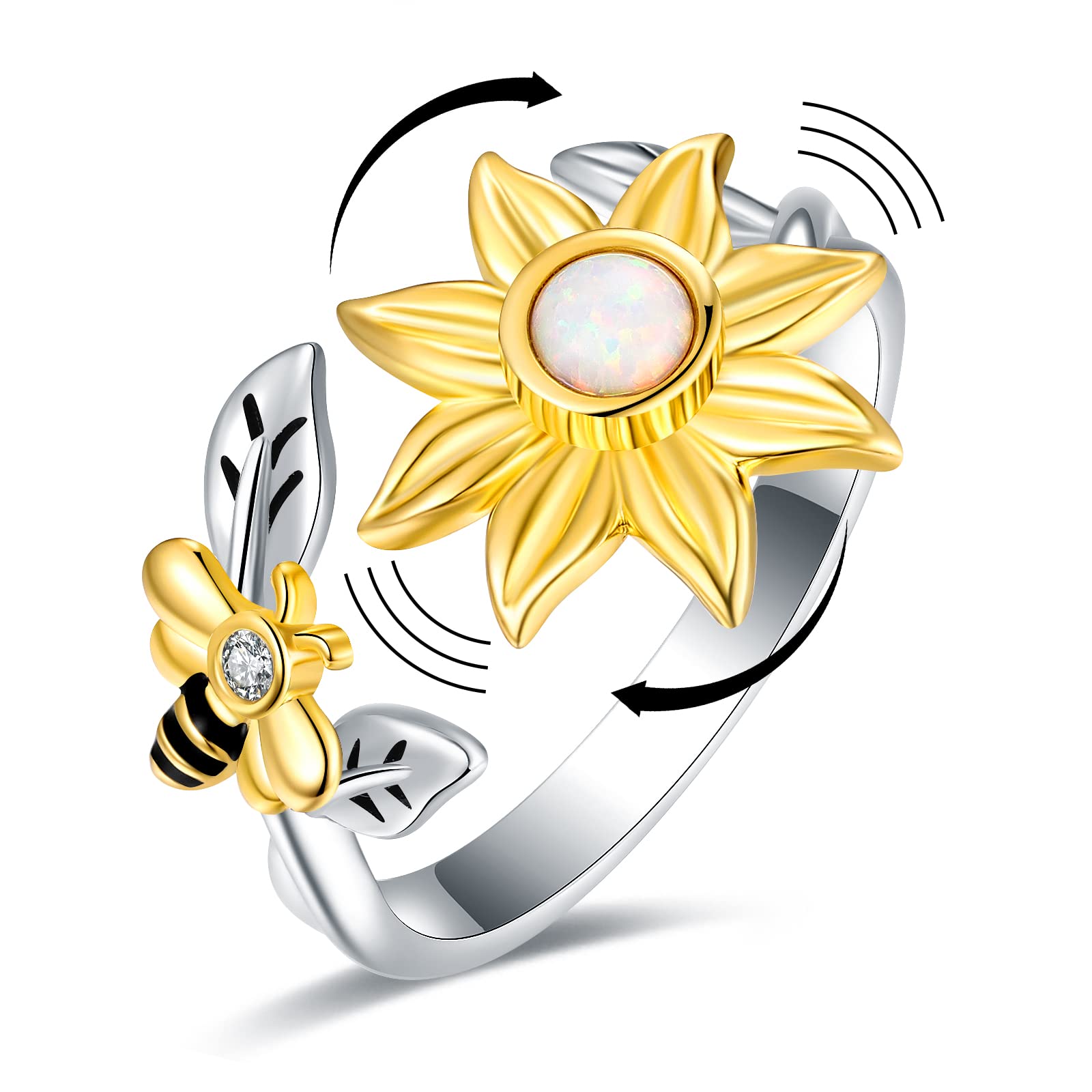 Sunflower Fidget Spin Bee Rings - 925 Sterling Silver Adjustable Open Ring Opal You are My Sunshine Ring Spinner Chrismas Mother's Day Birthday Jewery Gift for Teen Girls Women