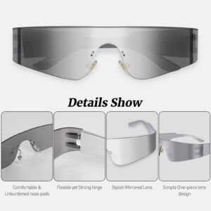 milramtob Futuristic Wrap Around Fashion Sunglasses Y2K Silver Trendy Rimless Glasses Cyberpunk Eyewear Women Men Rave Party