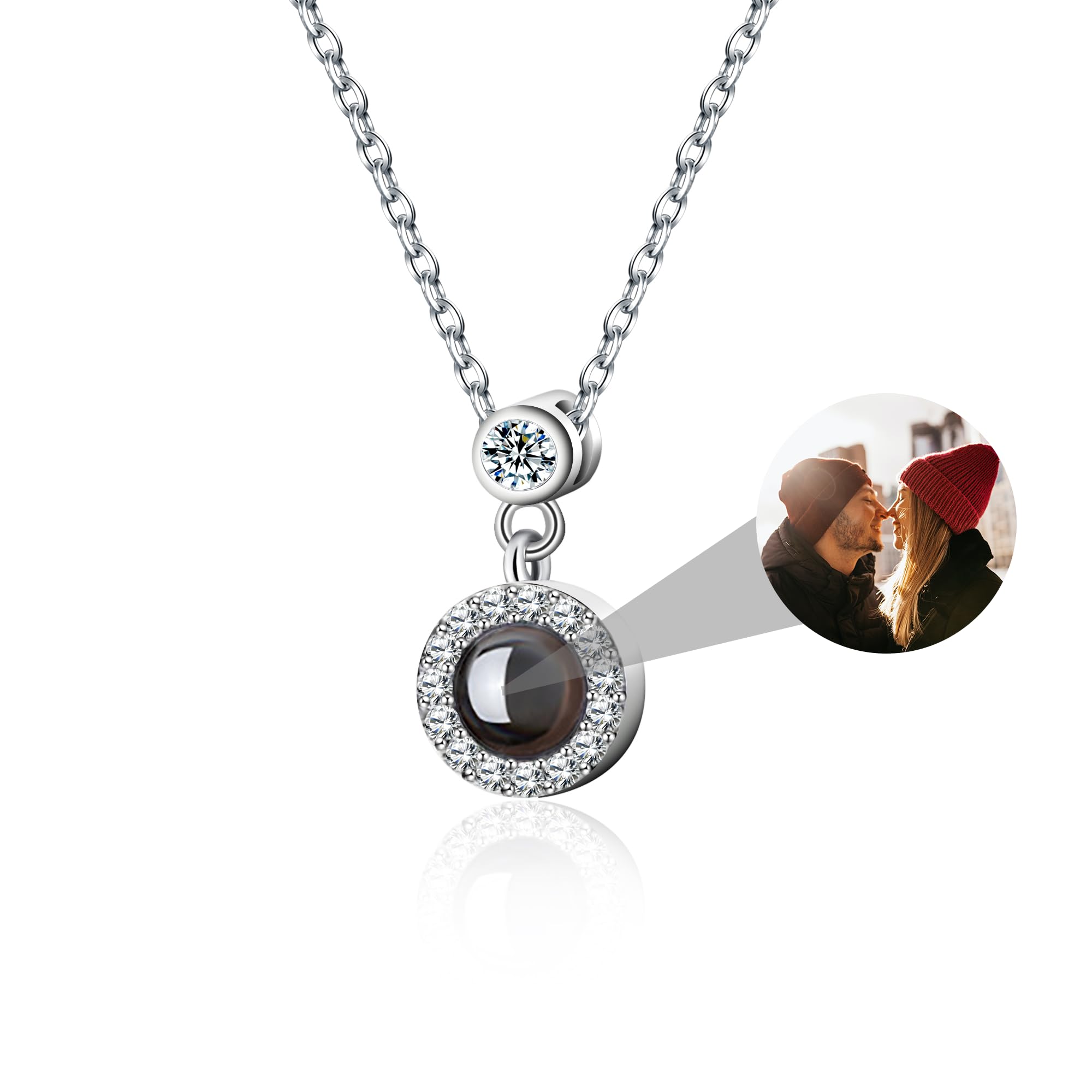 Necklace with Picture inside Circle Photo Necklace Projection Pendant with Photos & "I love you" 100 languges in it Personalized Picture Necklace Jewelry Memory Gift for Women